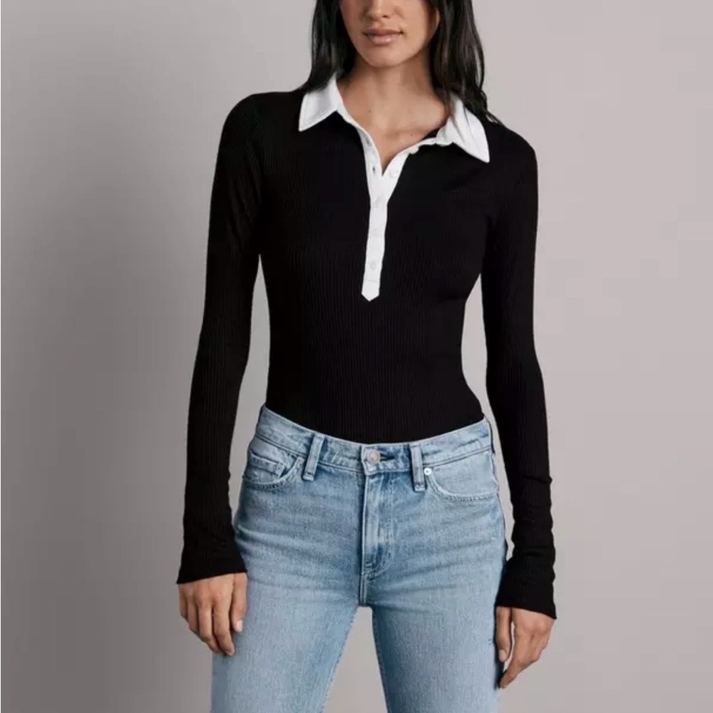 rag & bone Black Ribbed Long-Sleeve Polo Bodysuit with White Collar L
